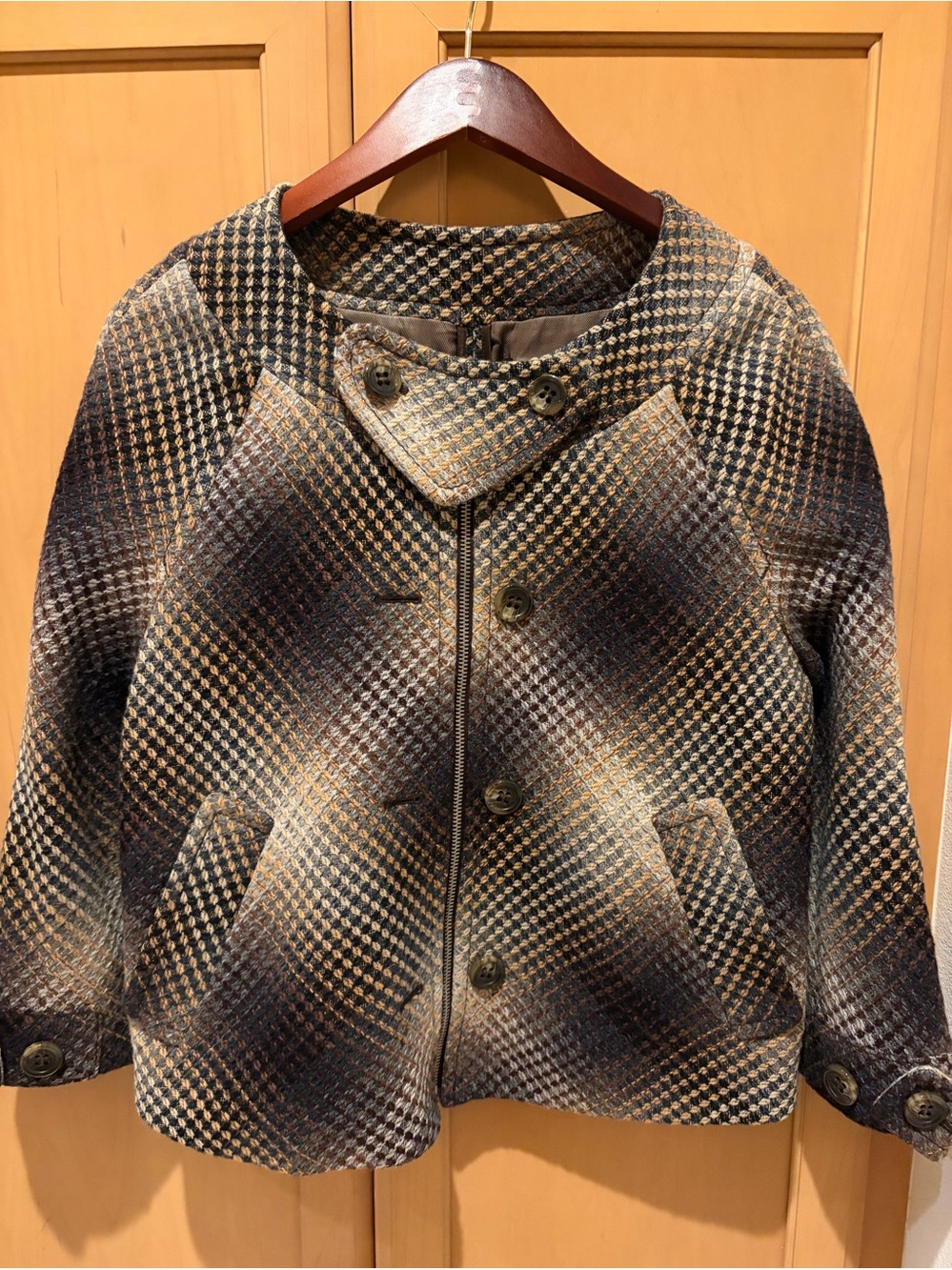 BCBGMaxAzria Brown and Navy Plaid Short Pea Coat